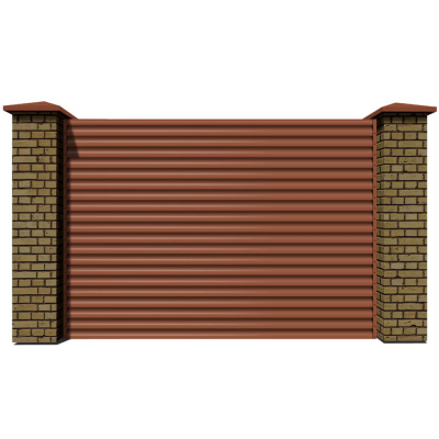 Секция забора жалюзи из ламелей еврожалюзи RAL8004 Терракотовый с кирпичными столбами анфас