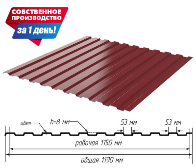 Профнастил (профлист) С-8 RAL3005 Красное вино ширина 1.19(1,15)м толщина 0.40 эконом с размерами профиля